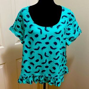 Torrid Feather Print Ruffle Blouse. Size 2, turquoise size 2x